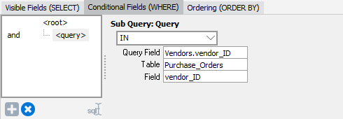 The where clause after adding the sub query to the main query. In has been selected from the radio buttons. Each radio button selects a different boolean operator. The table selected is purchase orders, and the selected field is vendor i d.